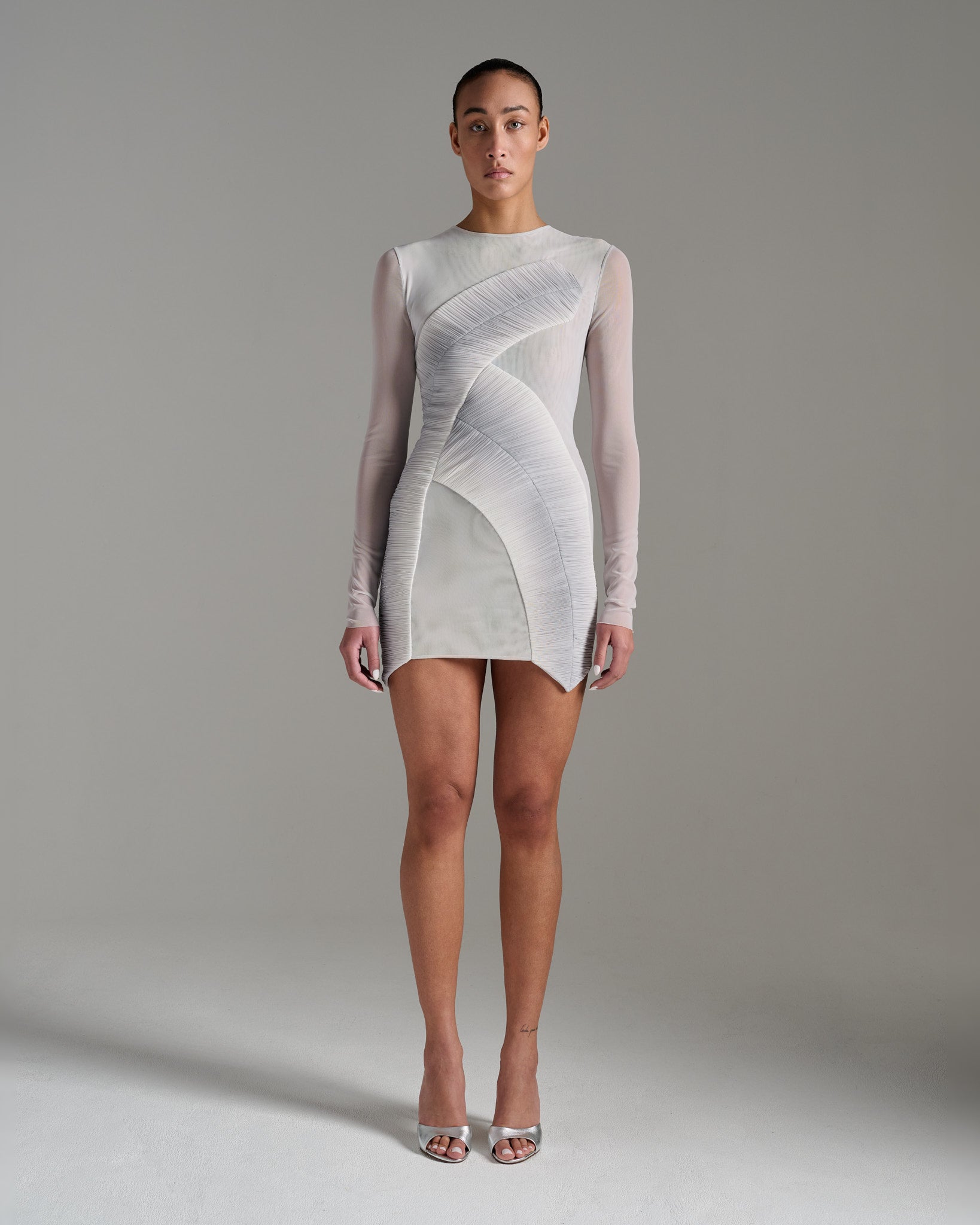 Long Sleeve Pleated Sheer Minidress - Grey Silver Long Sleeve Pleated Sheer Minidress - Grey Silver
