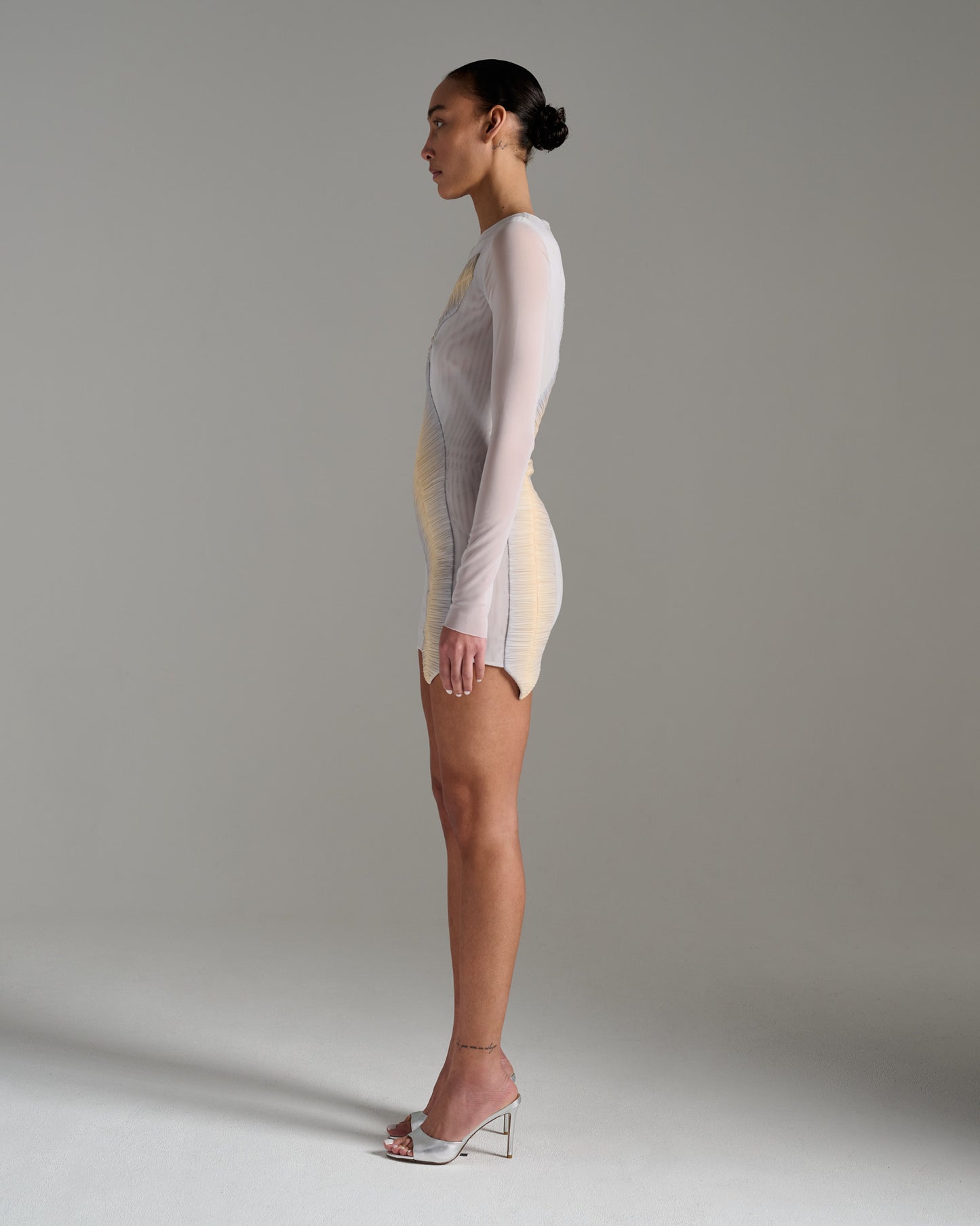 Long Sleeve Pleated Sheer Minidress - Grey Gold