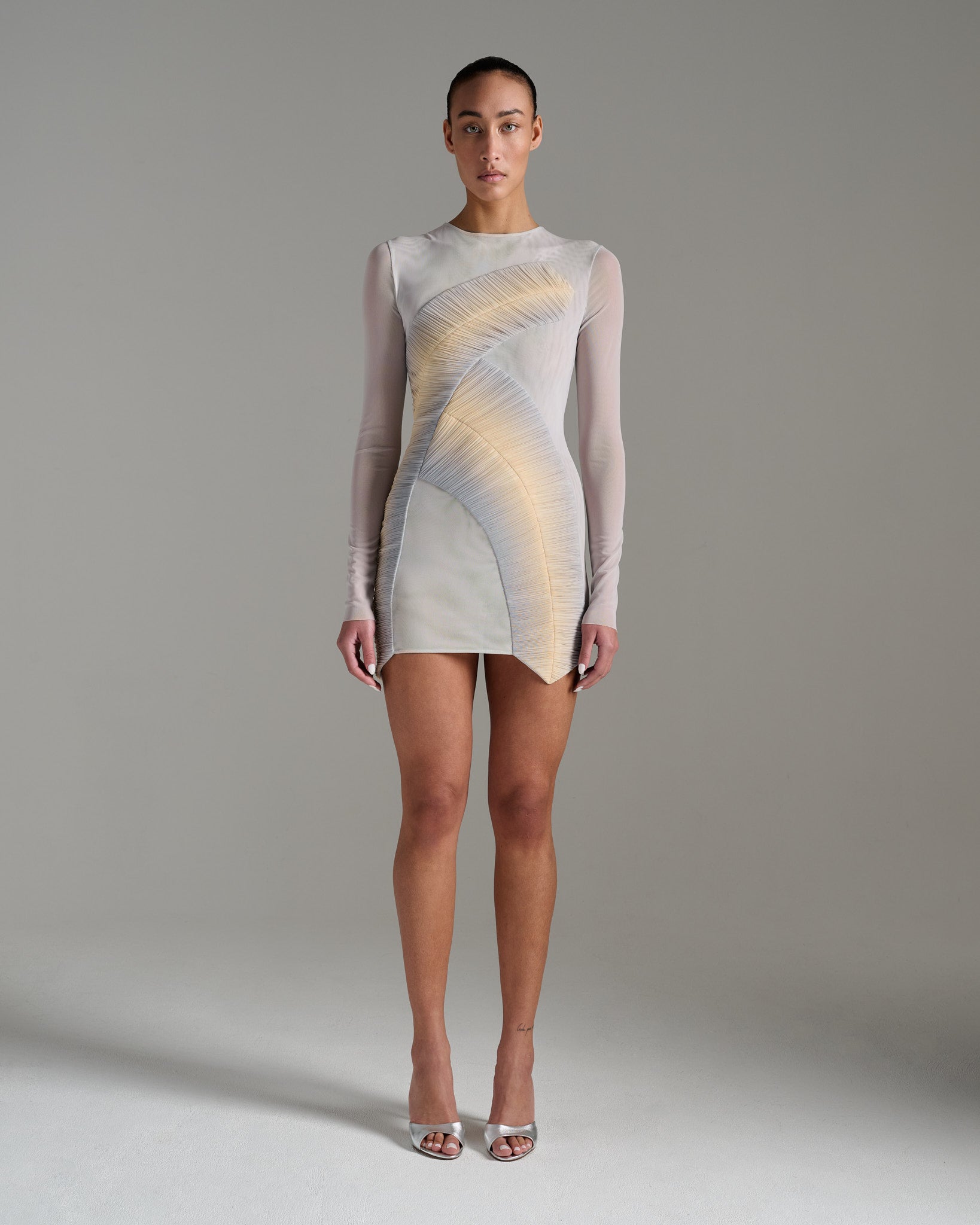 Long Sleeve Pleated Sheer Minidress - Grey Gold Long Sleeve Pleated Sheer Minidress - Grey Gold