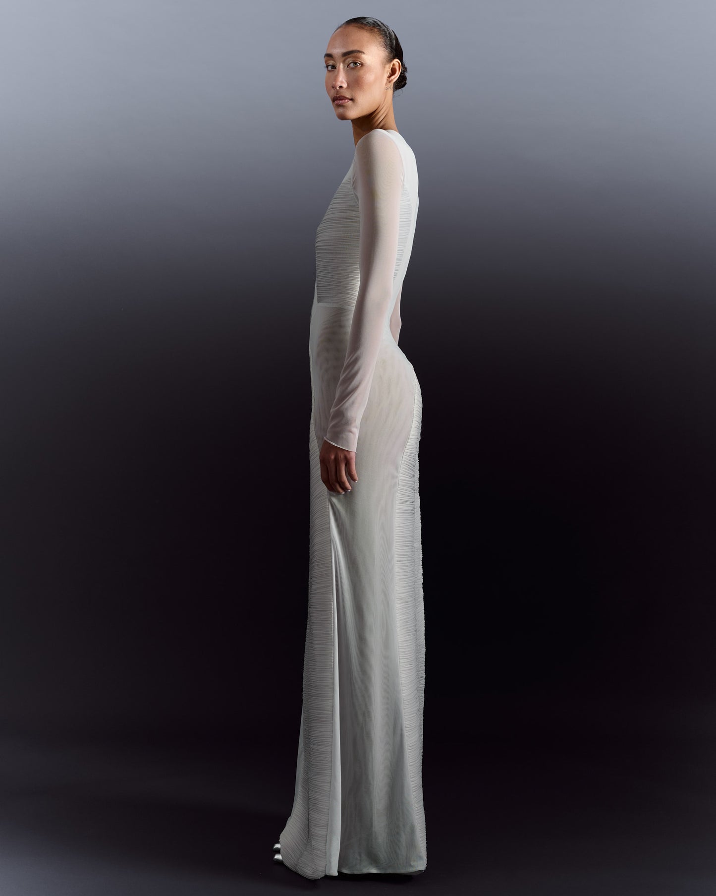 Long Sleeve Pleated Sheer Dress - Grey Silver