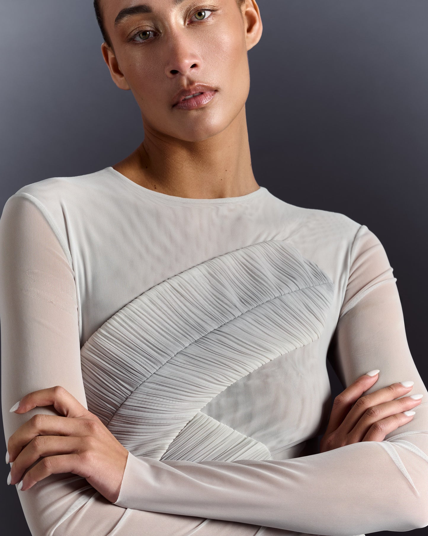 Long Sleeve Pleated Sheer Minidress - Grey Silver