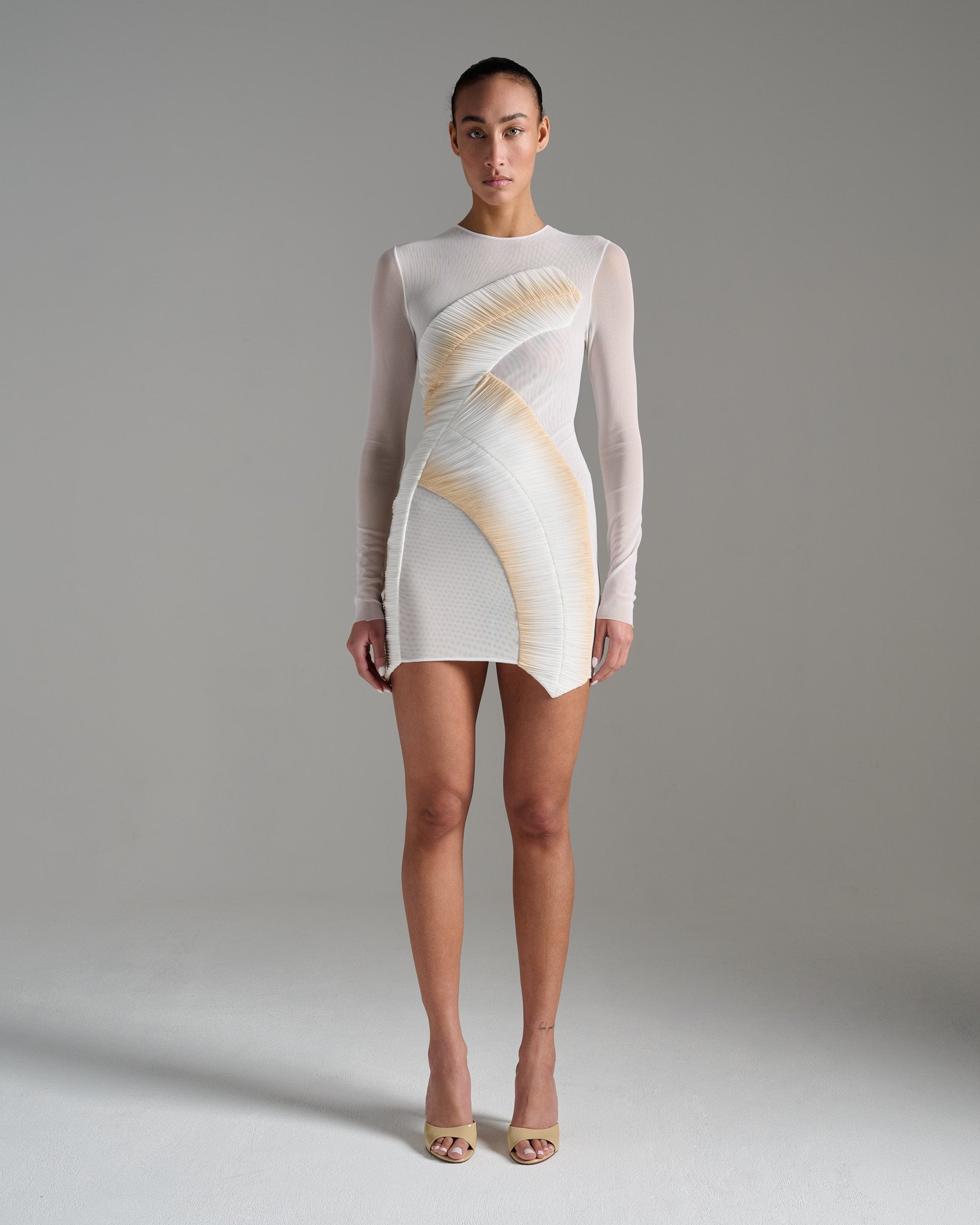 Long Sleeve Pleated Sheer Minidress - Ecru Gold Long Sleeve Pleated Sheer Minidress - Ecru Gold