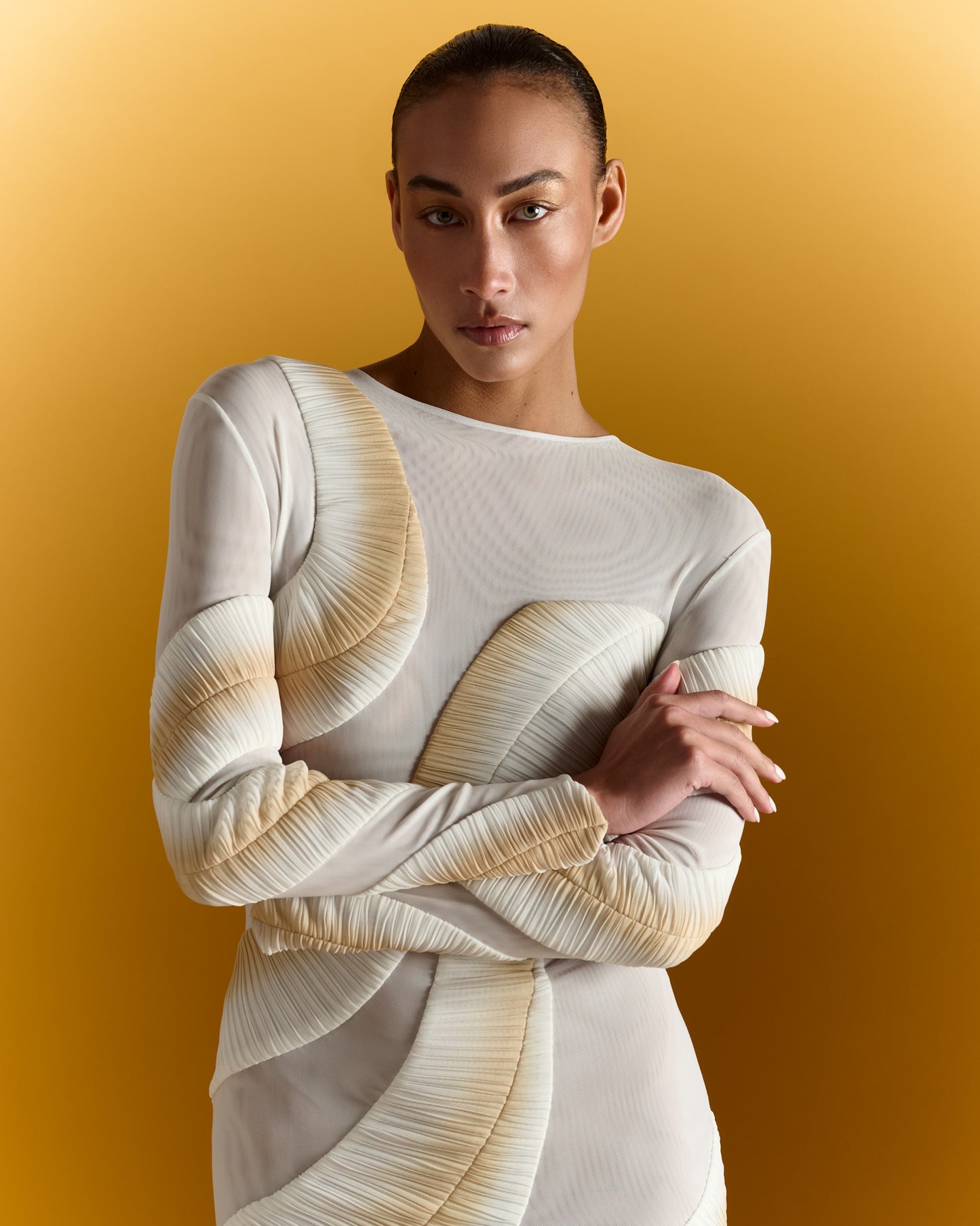 Long Sleeve Pleated Sheer Dress - Ecru Gold