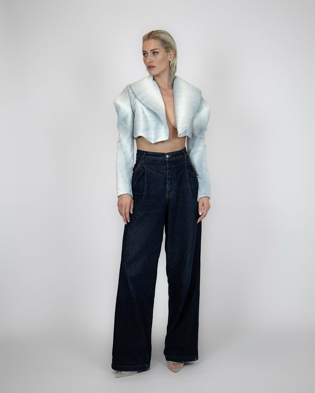 Wide Shoulder Cropped Blazer - Grey Silver