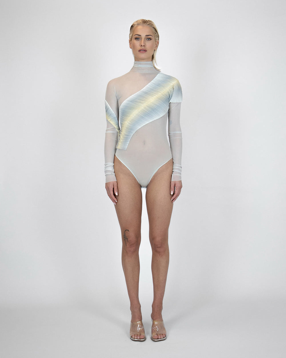 Long Sleeve Sheer Bodysuit - Grey - Silver Gold