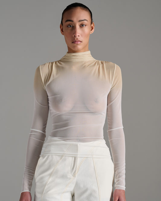 High Neck Sheer Top - Ecru Gold