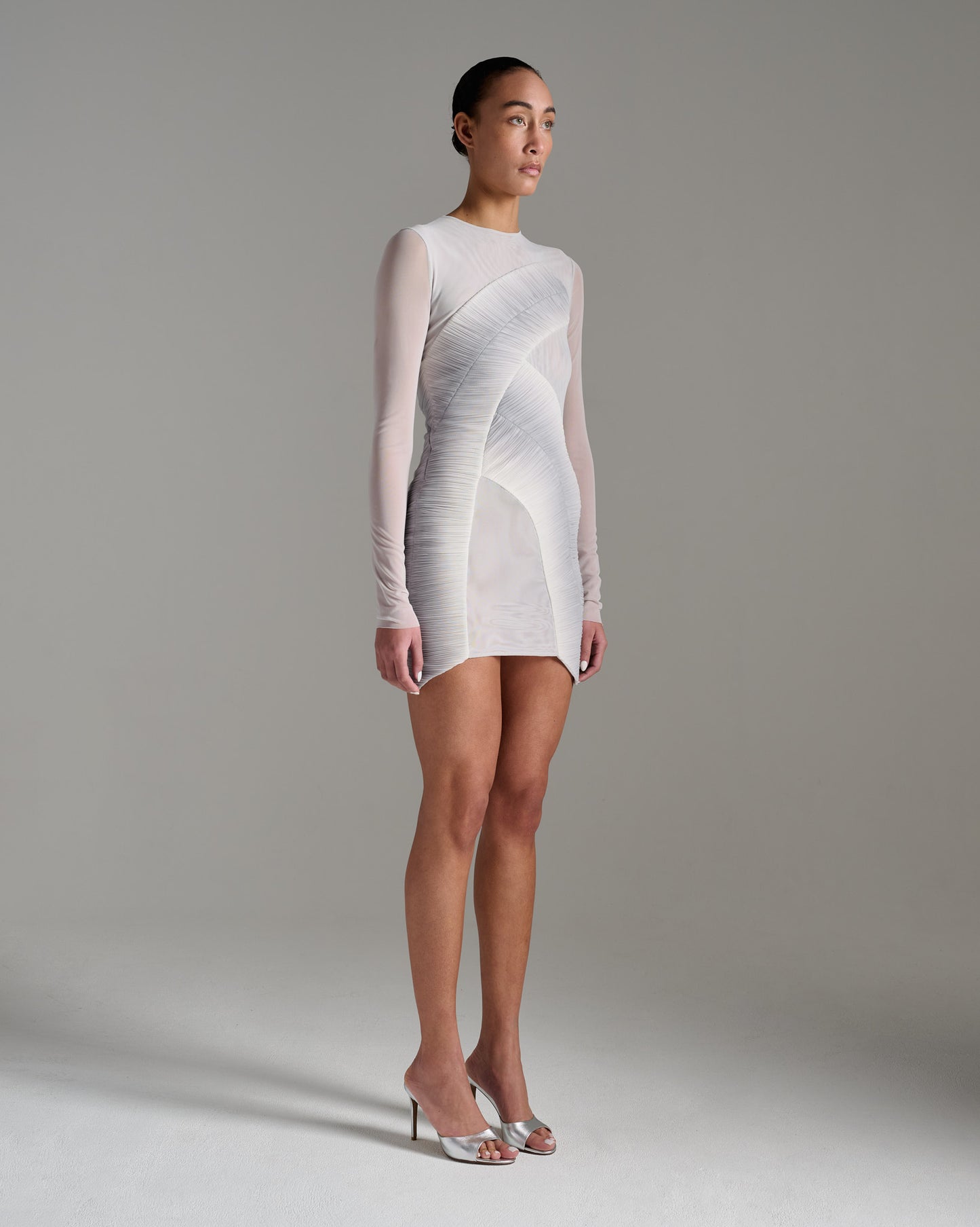 Long Sleeve Pleated Sheer Minidress - Grey Silver