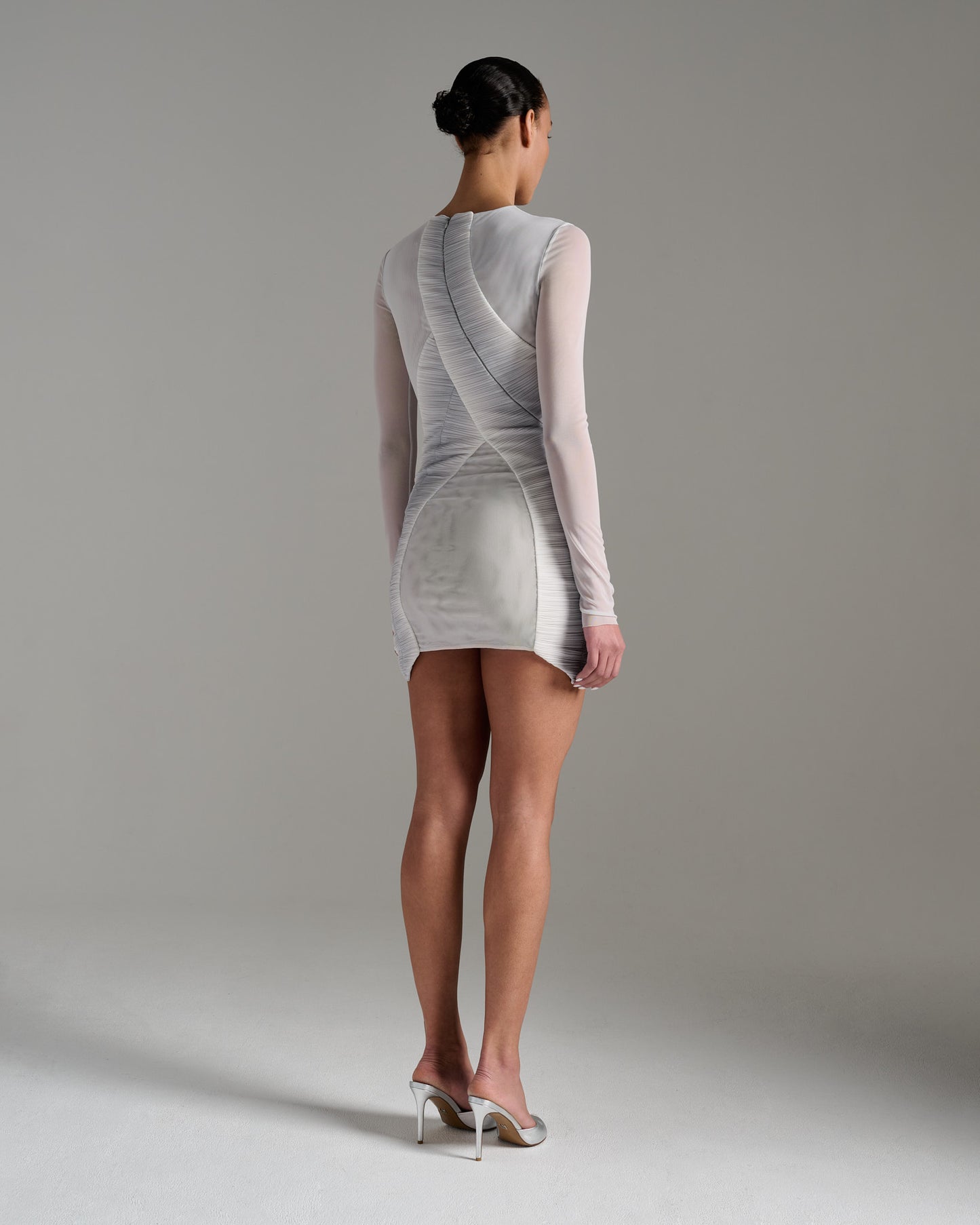 Long Sleeve Pleated Sheer Minidress - Grey Silver