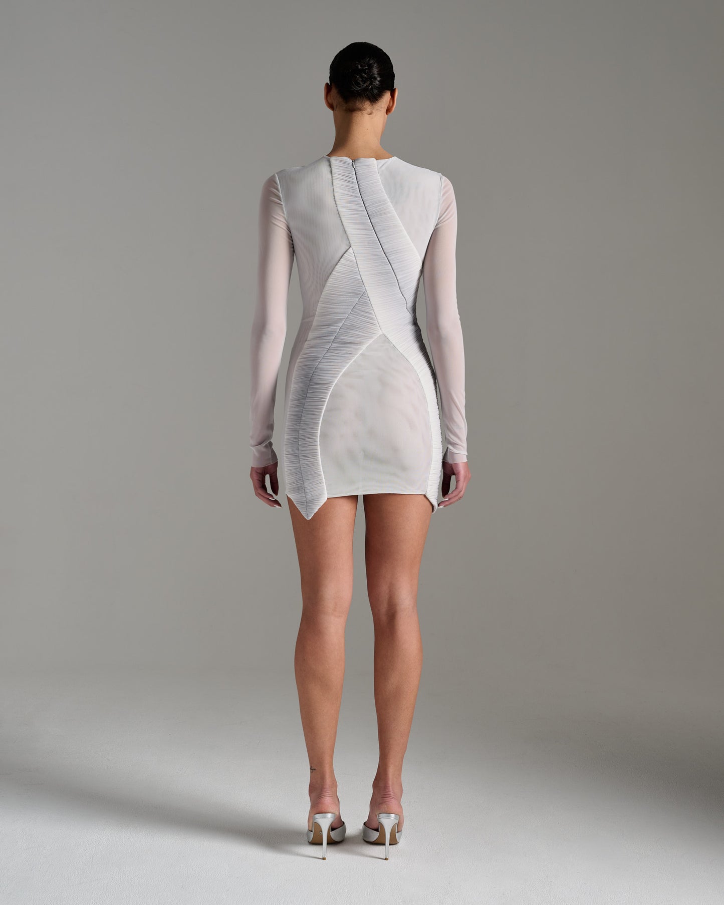 Long Sleeve Pleated Sheer Minidress - Grey Silver