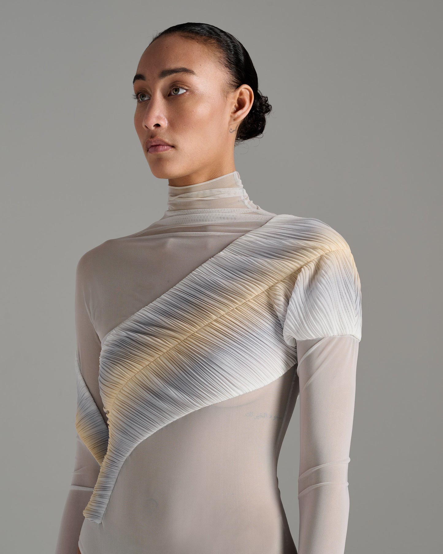 Long Sleeve Sheer Bodysuit - Grey - Silver Gold