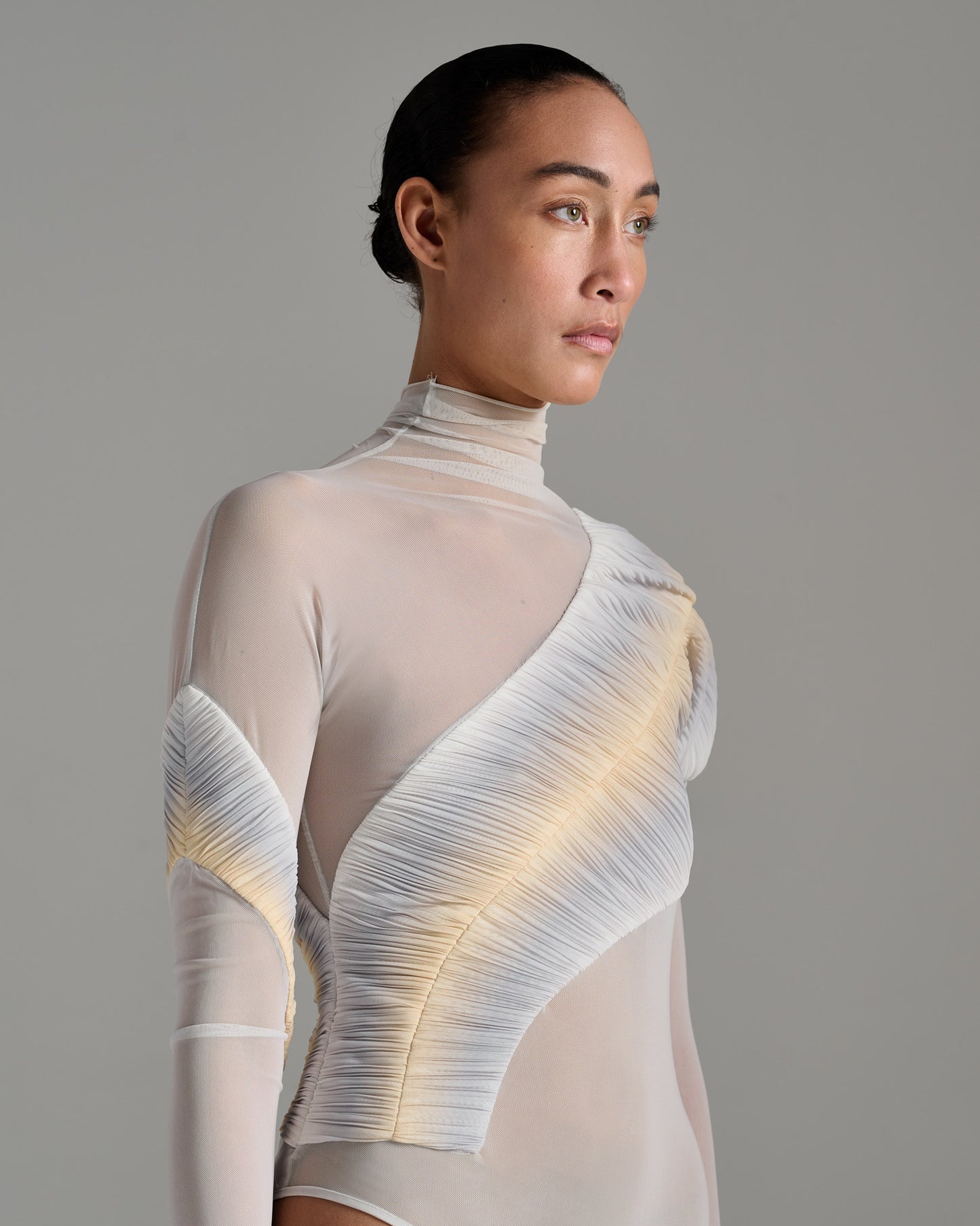 Long Sleeve Sheer Bodysuit - Grey - Silver Gold