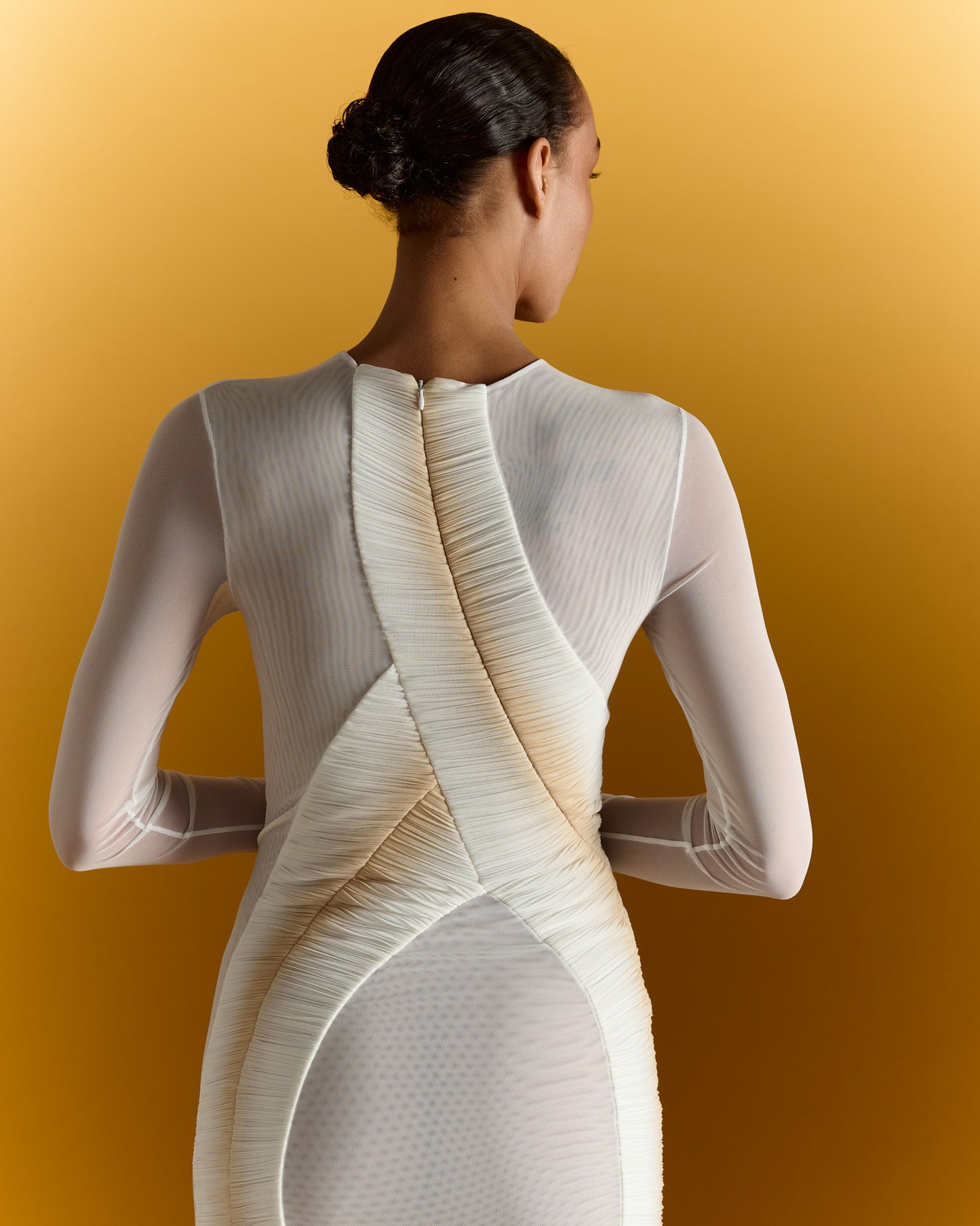 Long Sleeve Pleated Sheer Minidress - Ecru Gold