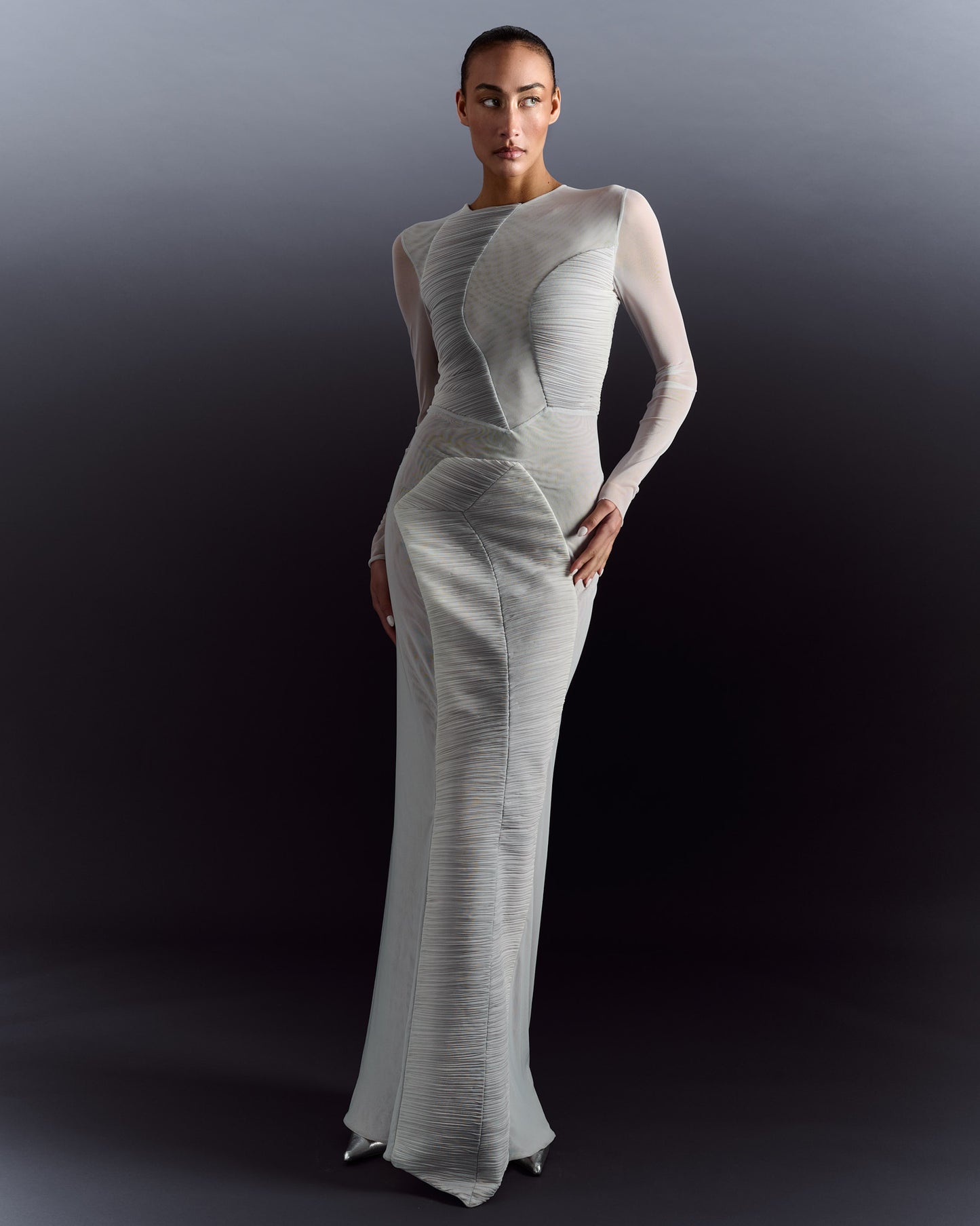 Long Sleeve Pleated Sheer Dress - Grey Silver