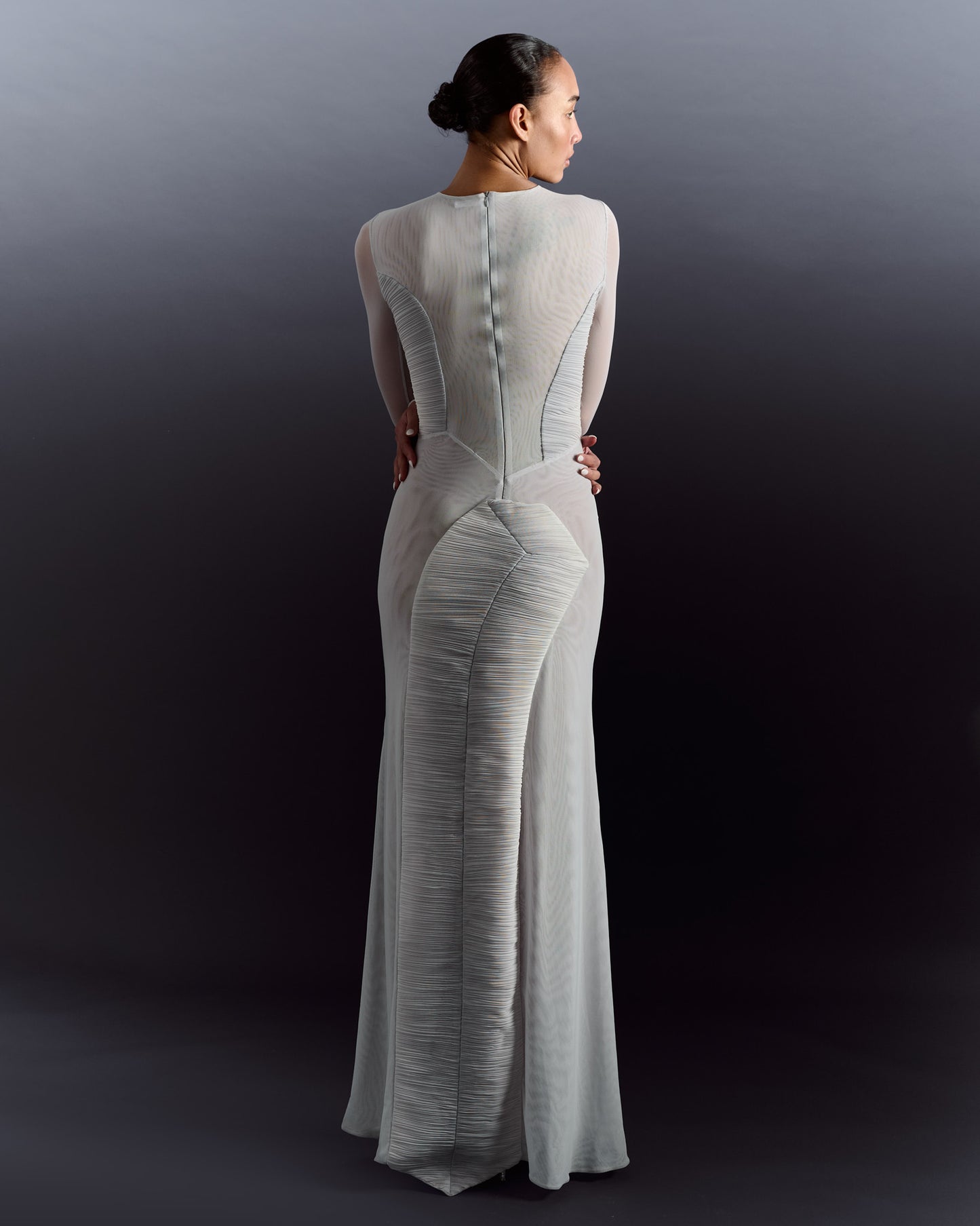 Long Sleeve Pleated Sheer Dress - Grey Silver