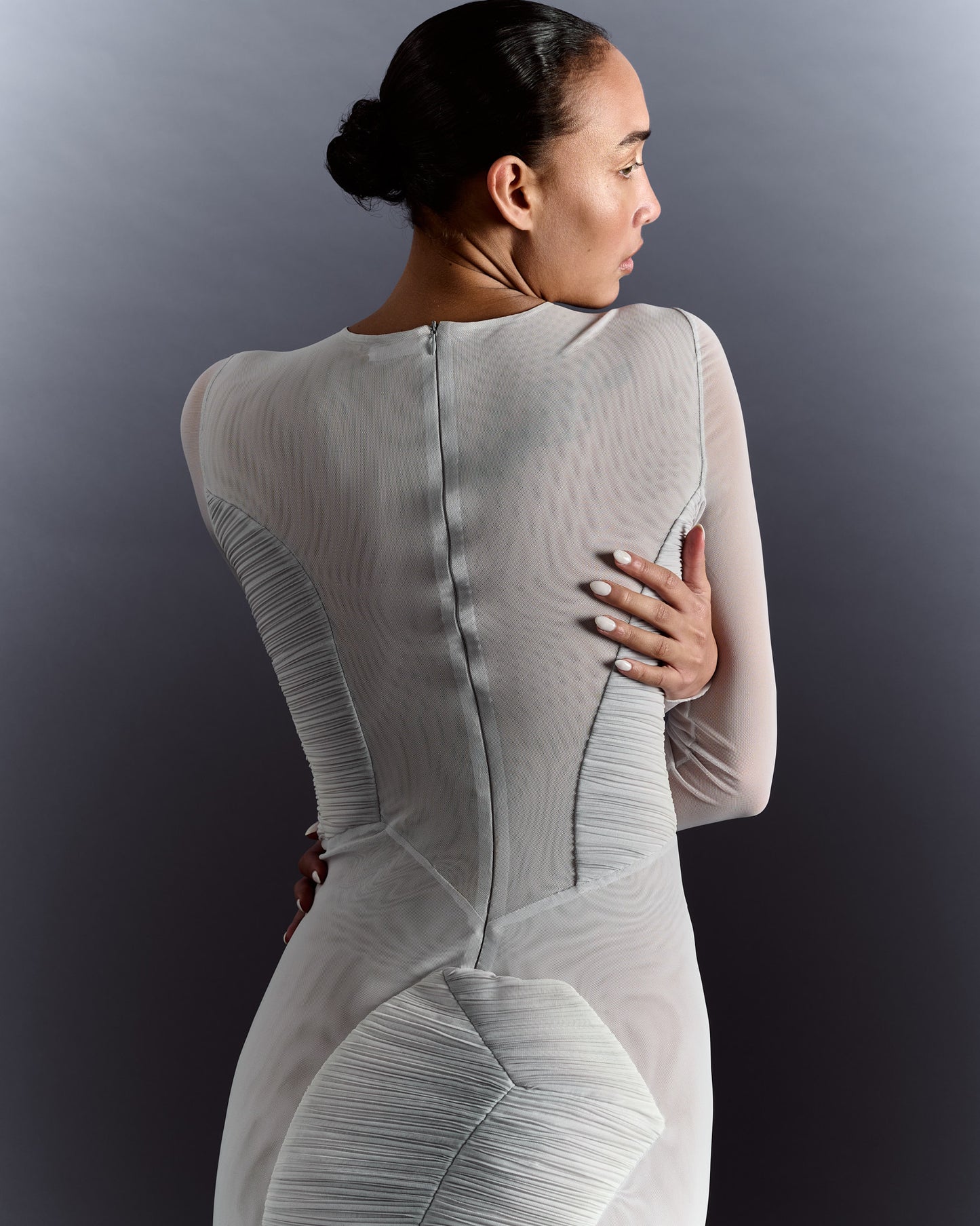 Long Sleeve Pleated Sheer Dress - Grey Silver