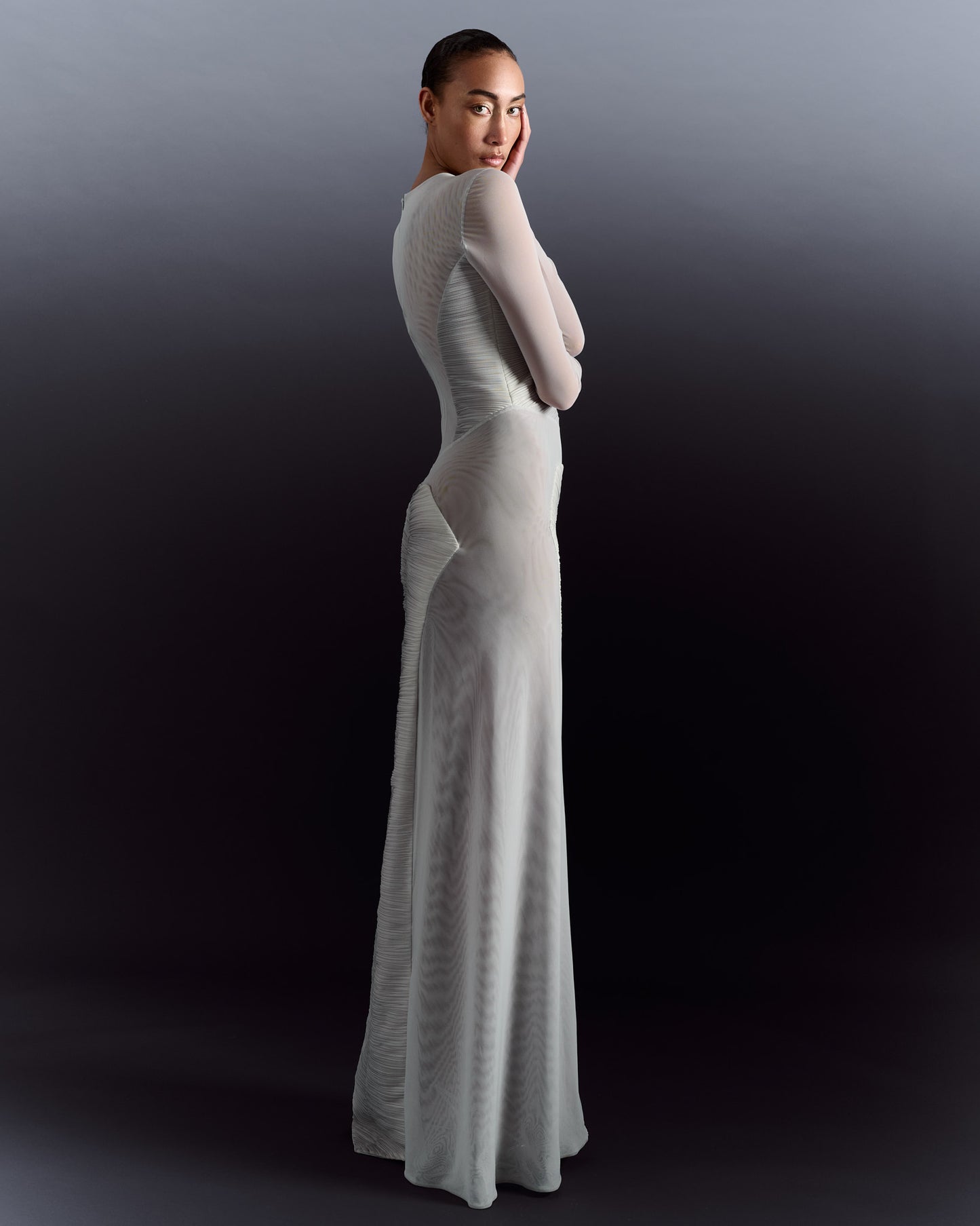 Long Sleeve Pleated Sheer Dress - Grey Silver