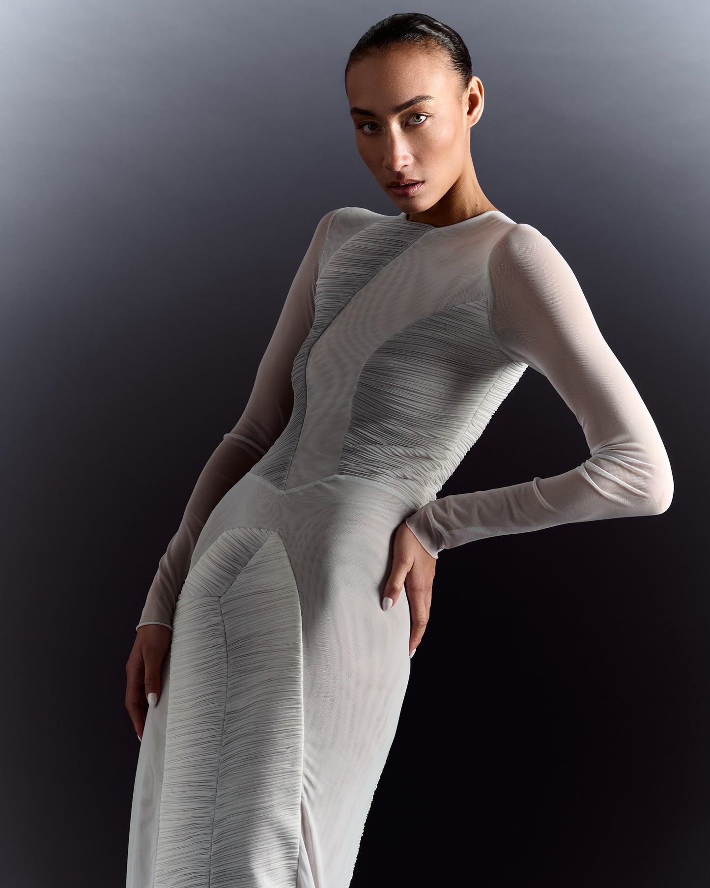Long Sleeve Pleated Sheer Dress - Grey Silver