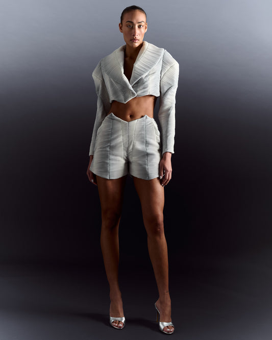 Wide Shoulder Cropped Blazer - Grey Silver