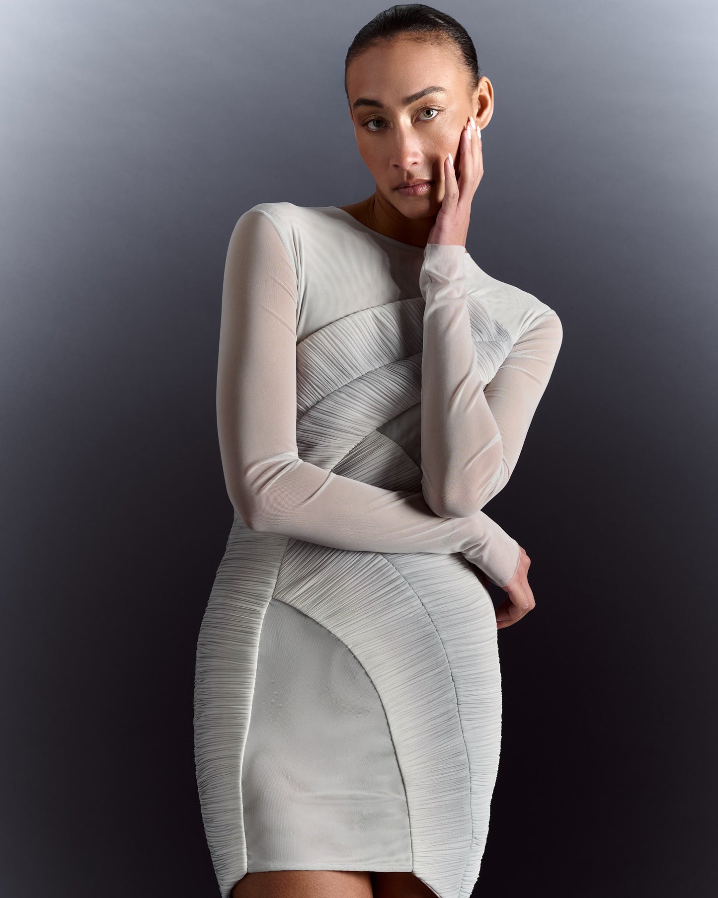 Long Sleeve Pleated Sheer Minidress - Grey Silver