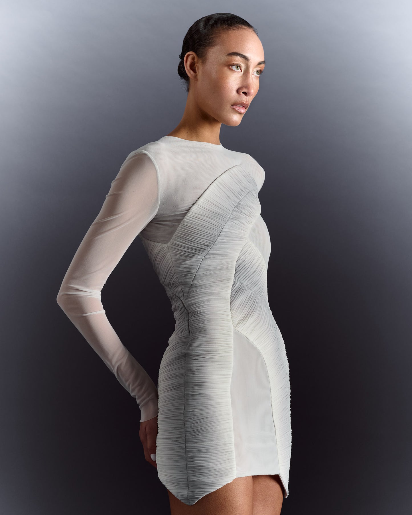 Long Sleeve Pleated Sheer Minidress - Grey Silver