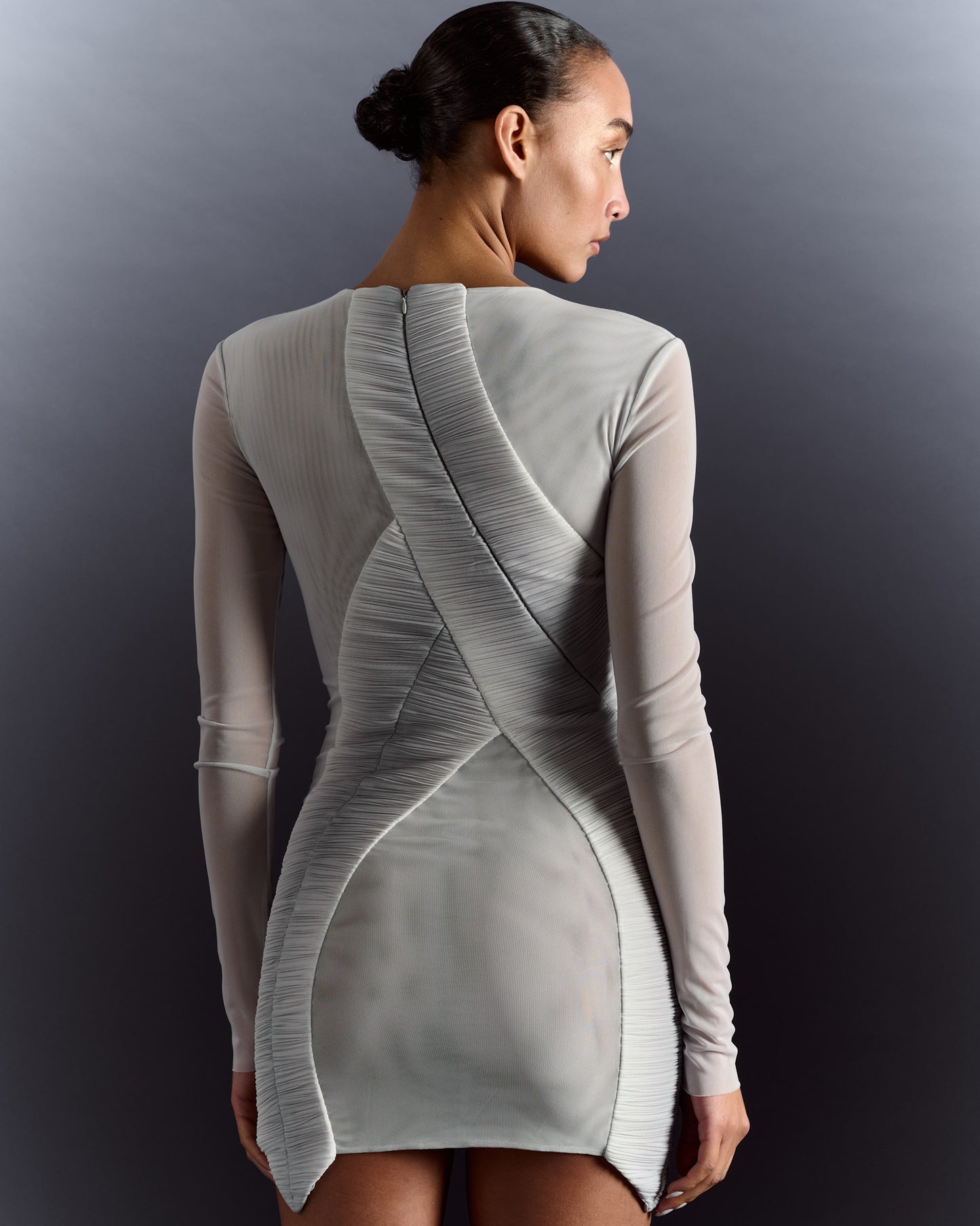 Long Sleeve Pleated Sheer Minidress - Grey Silver