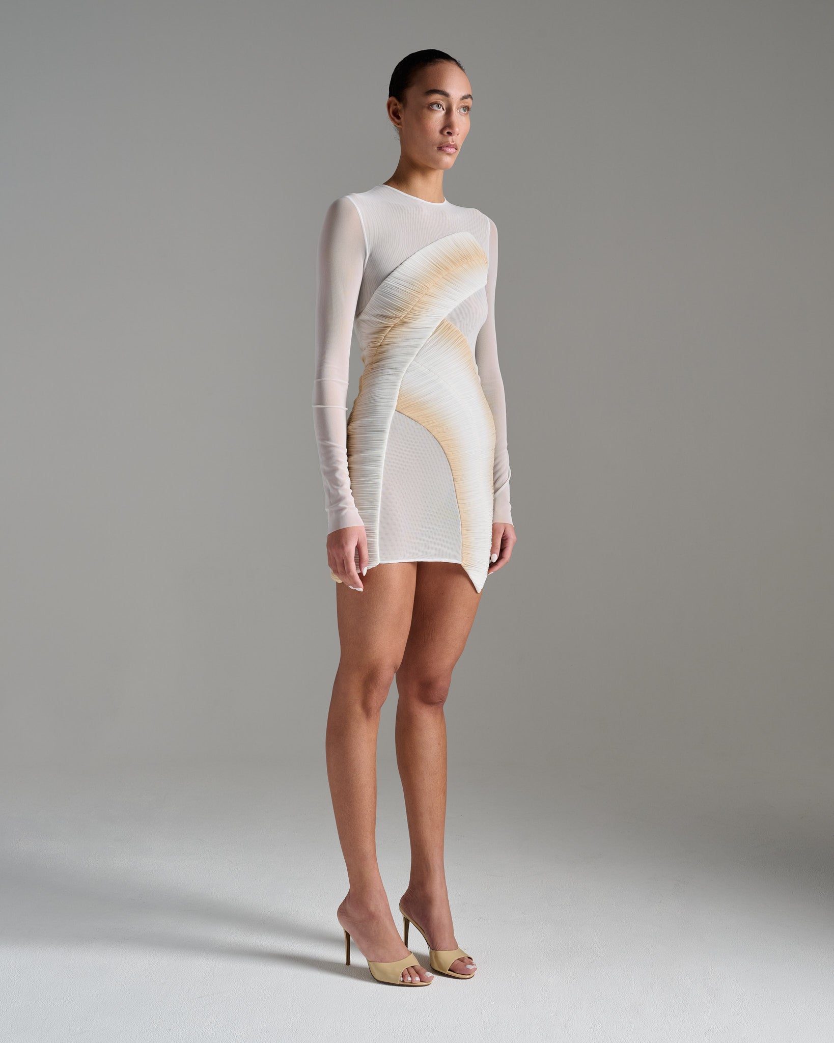 Long Sleeve Pleated Sheer Minidress - Ecru Gold THE 2.0 Long Sleeve Pleated Sheer Minidress - Ecru Gold THE 2.0