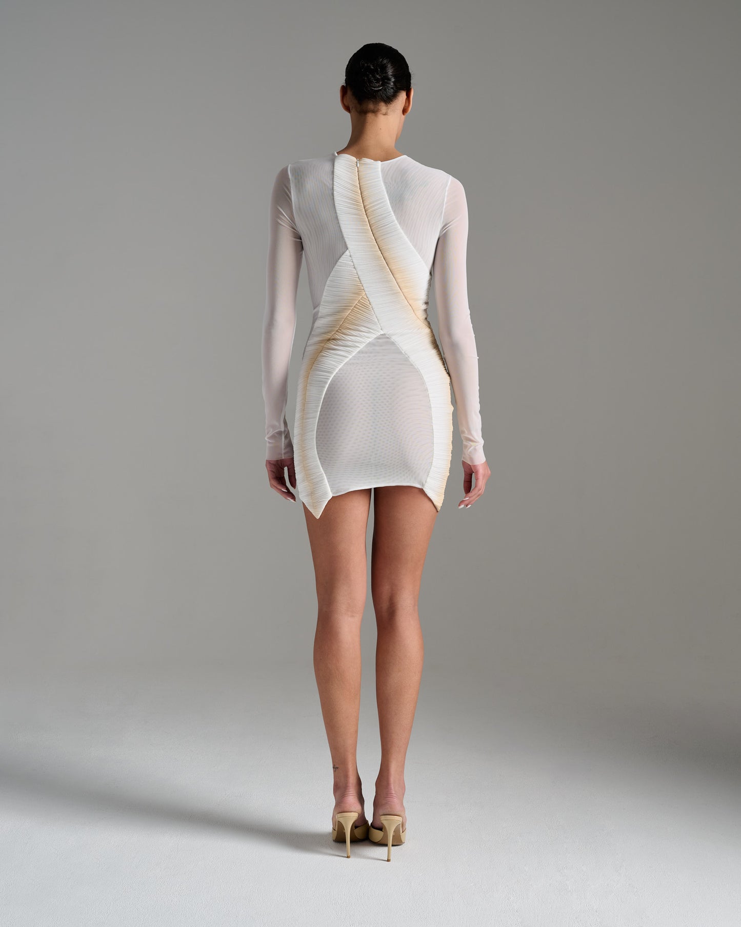 Long Sleeve Pleated Sheer Minidress - Ecru Gold