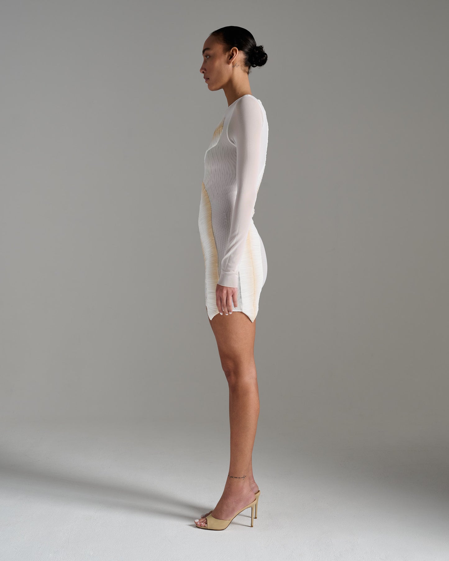 Long Sleeve Pleated Sheer Minidress - Ecru Gold