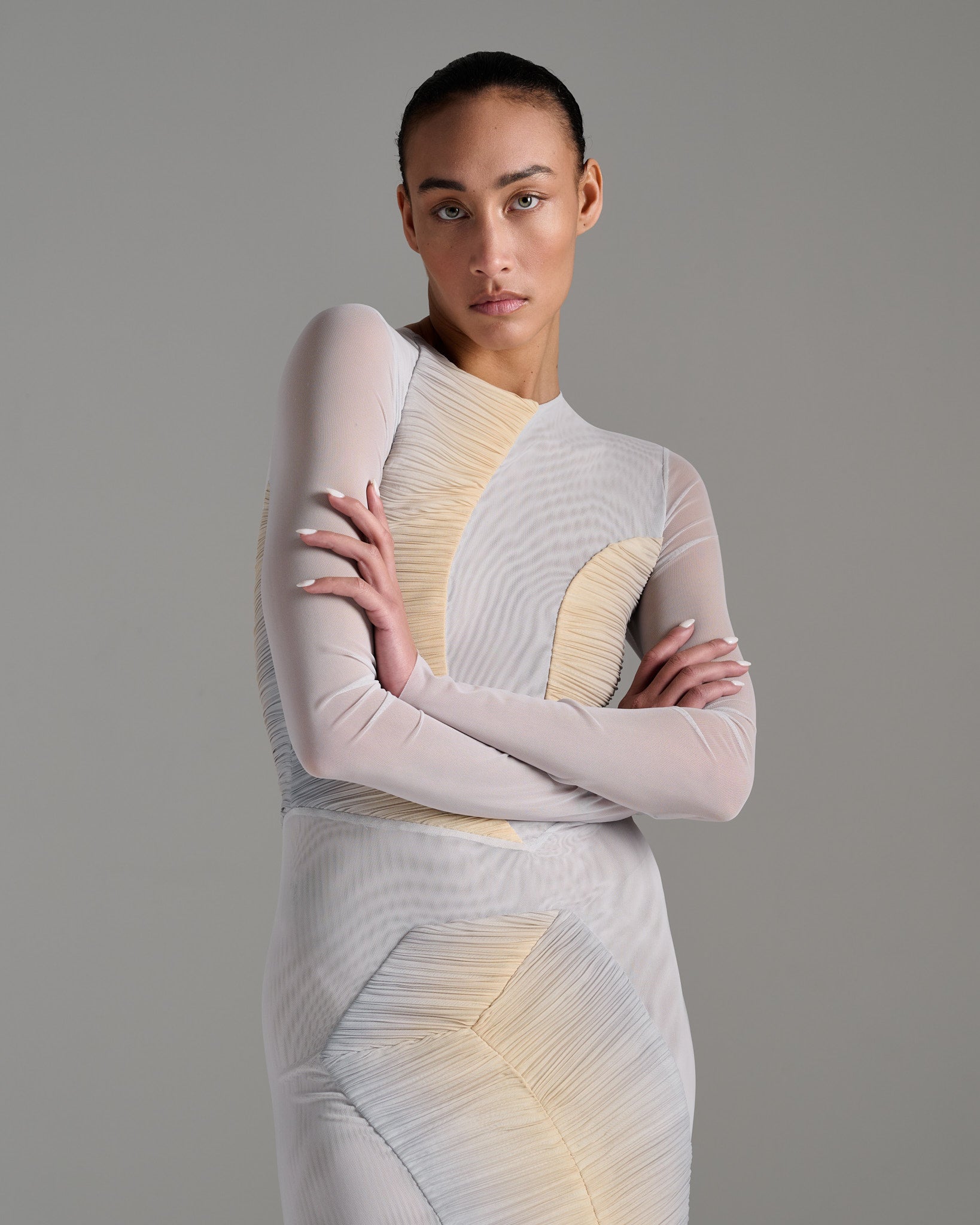 gold sheer dress long sleeve Long Sleeve Pleated Sheer Dress