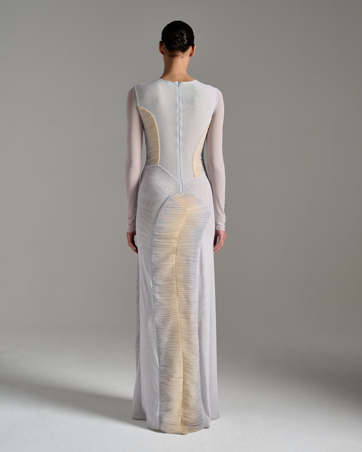 Long Sleeve Pleated Sheer Dress - Grey Gold