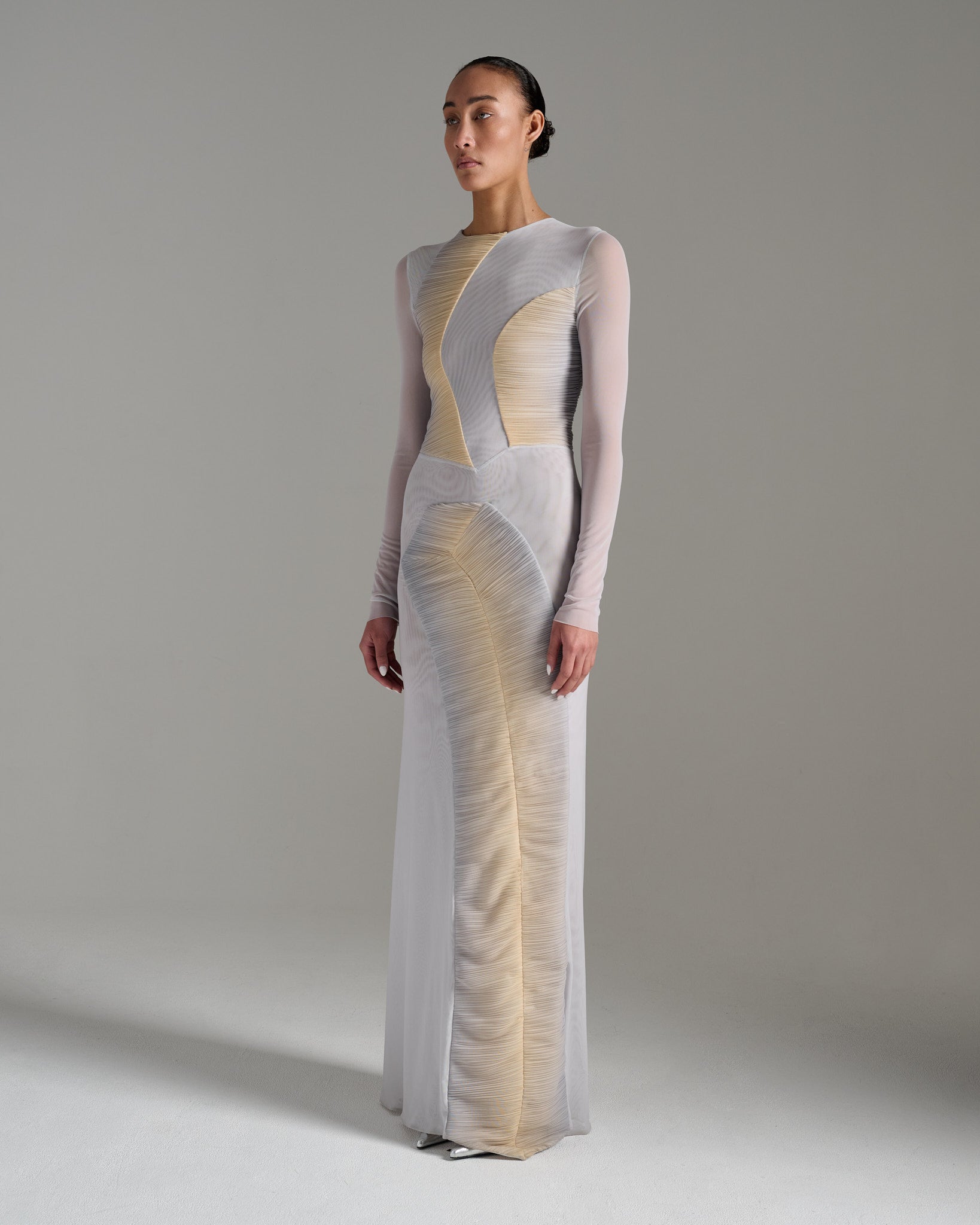grey sheer dress Sheer Metallic Maxi Dress in Silver