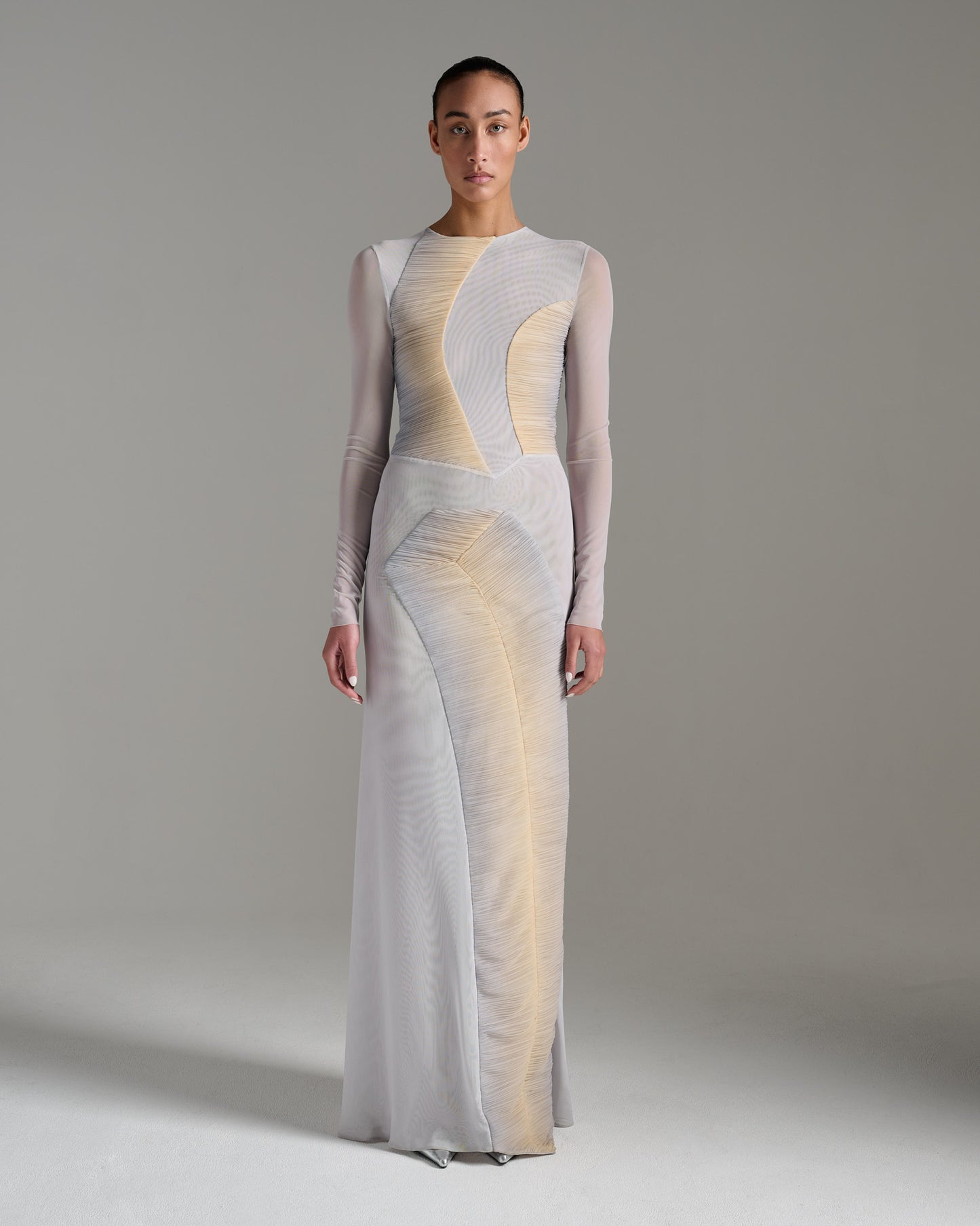 Long Sleeve Pleated Sheer Dress - Grey Gold