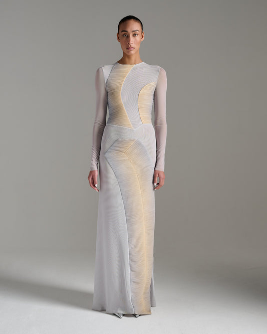 Long Sleeve Pleated Sheer Dress - Grey Gold