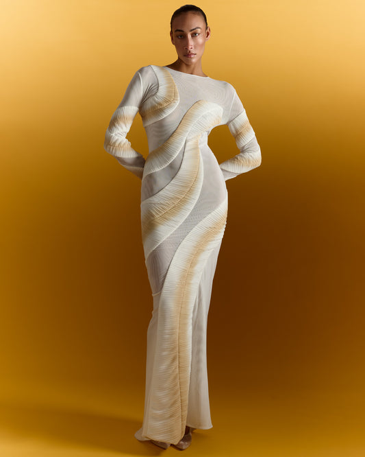 Long Sleeve Pleated Sheer Dress - Ecru Gold